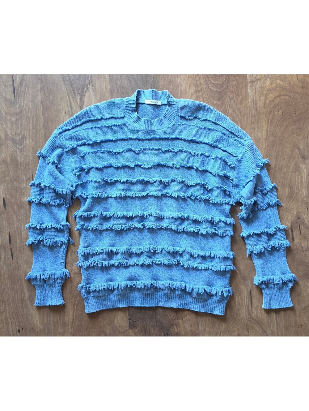 ANDTHEWHY Blue Tiered Fringe Shag Sweater Boho Knit Size M/L, 439